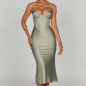 Babyboo Women's Farrah Corset Top Stretch Satin Midi Dress Sage Green Size XS